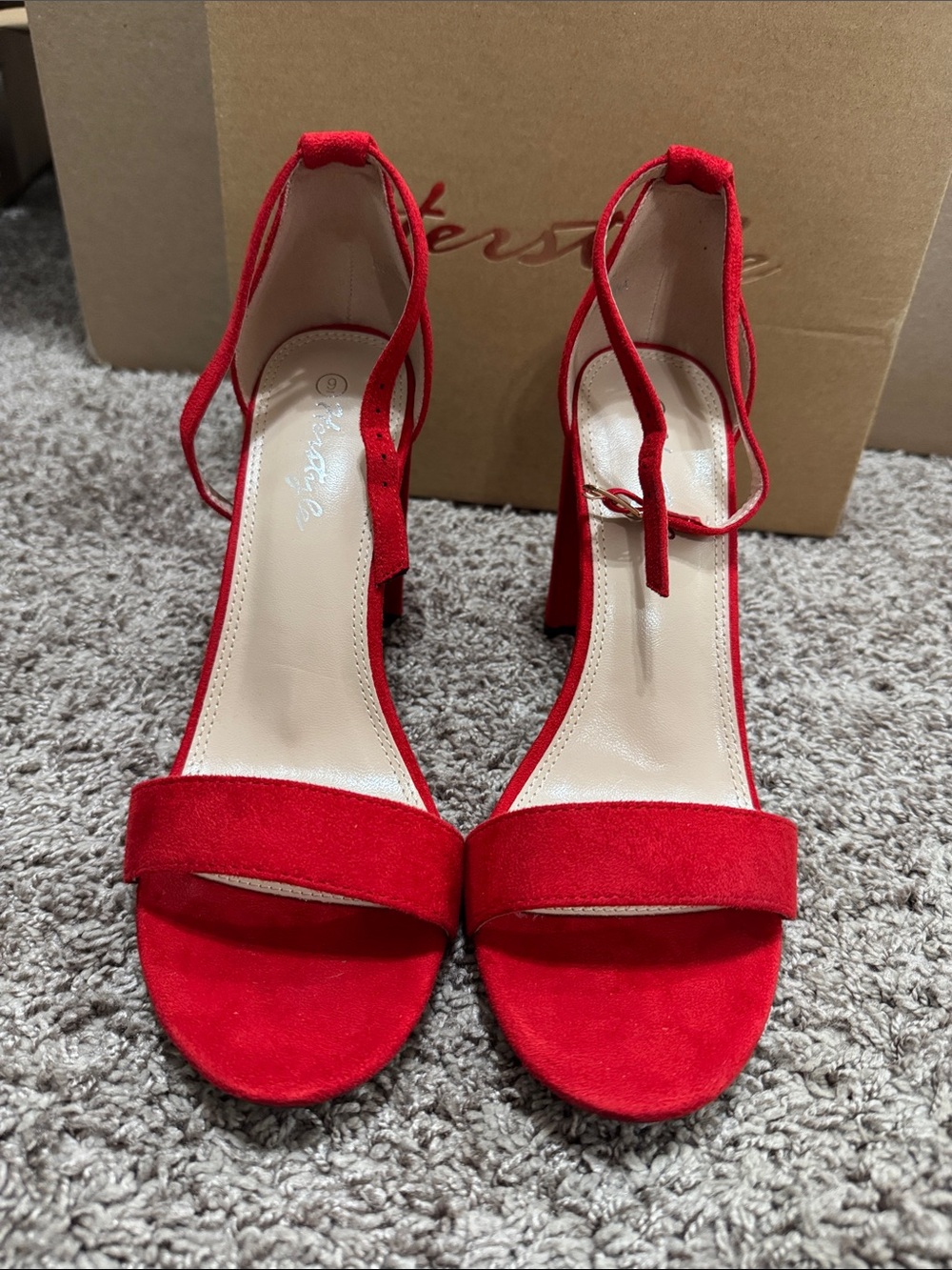 Herstyle Red Suede Ankle-Tie Block Heels